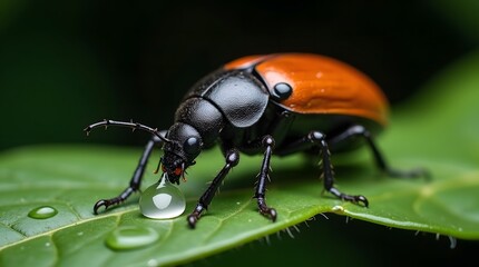 Naklejka premium A close up macro photograph of a vibrant orange and black beetle perched on a green leaf, drinking a droplet of water. The beetle's intricate details are captured in stunning clarity