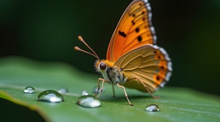 Obraz premium A vibrant orange and black butterfly is perched on a green leaf, its wings partially open. The butterfly is surrounded by water droplets, creating a sense of freshness and dewiness.