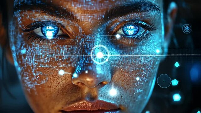 A close-up of a woman with glowing digital patterns on her face highlights the intersection of beauty and advanced technology in a dark environment.