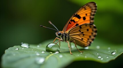 Obraz premium A vibrant orange and black butterfly is perched on a green leaf, its wings partially open. The butterfly is surrounded by water droplets, creating a sense of freshness and dewiness.