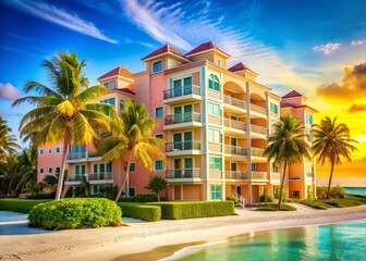 Obraz premium Bahamas Beachfront Condo Exterior, Luxury Caribbean Apartment Building, Ocean View Resort, Tropical Architecture, Coastal Real Estate