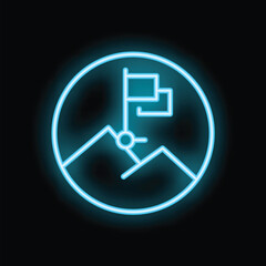 Blue neon icon of flag on mountain top representing achievement and success glowing on black background