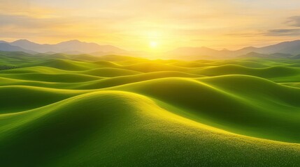 Golden Hour Hills: Rolling green hills bathed in the warm golden light of sunrise or sunset, creating a breathtaking landscape panorama. The scene evokes a sense of peace, tranquility.
