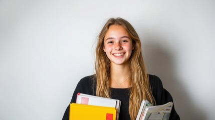 Happy Student Smiling While Holding Books and Notebooks in Hands