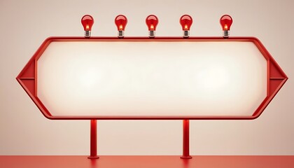 Obraz premium red marque arrow sign with blank space and light bulbs,concepts, cut out, direction, guidance, horizontal, ideas, leadership, photography, color image, copy space, studio shot,15