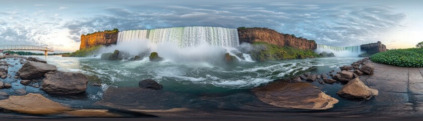 Obraz premium Niagara Falls sunset panorama, rocks foreground, bridge background