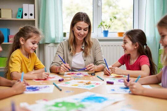A teacher is leading a fun art activity with young children at a classroom table. Bright paints, brushes, and colorful paper are scattered around them