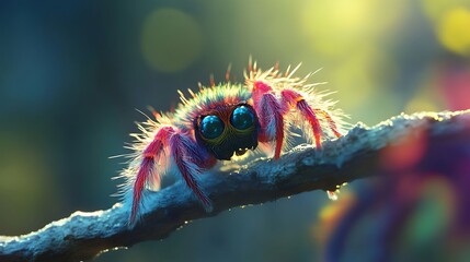 Soft and fluffy spider with vibrant multicolored hues exploring a sunlit branch