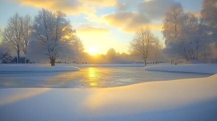 Frosty sunrise over snowy park pond
