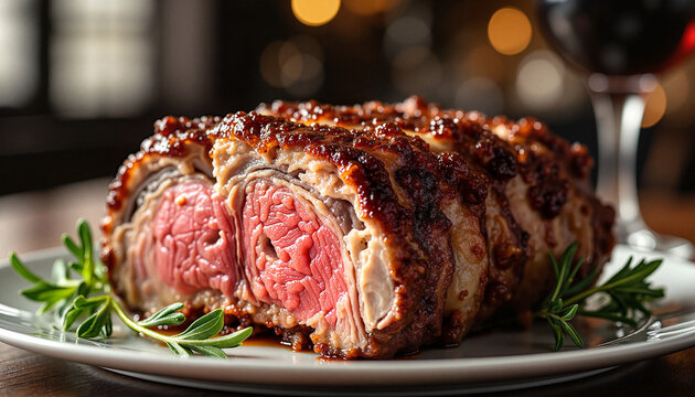 Perfectly cooked prime rib served on elegant table, fine dining experience