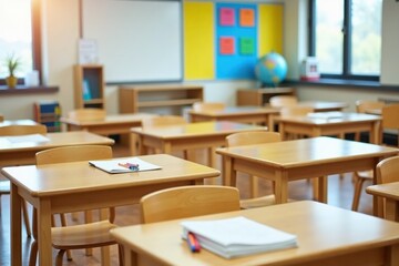 A bright classroom with wooden desks and colorful posters on the walls. There are books, pencils, and a globe on the teacher's desk