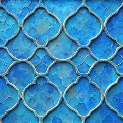 Intricate Blue and Silver Geometric Tile Pattern with Distressed Texture