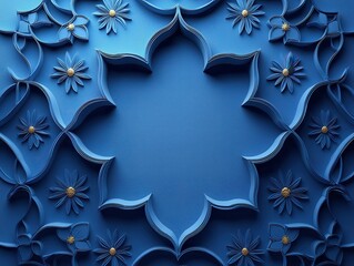 Intricate Blue Floral Pattern with Golden Accents: Abstract 3D Design
