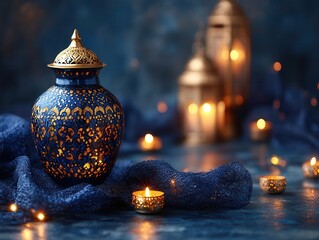 Intricate Blue Lanterns and Glowing Candles Create a Serene and Luxurious Atmosphere
