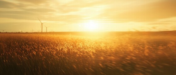 Obraz premium Serene Golden Hour Over Wind Turbines in a Sprawling Field