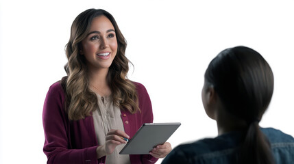 25 years old beautiful and attractive English teacher smiling, asking a student and taking a note on her tablet 