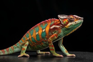 Obraz premium a slender striped chamelion crawls along a branch on a dark background 