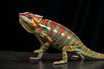 Obraz premium a slender striped chamelion crawls along a branch on a dark background 