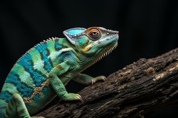 Obraz premium a slender striped green chameleon crawls along a branch on a dark background 