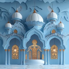 Intricate Blue Mosque Digital Illustration with Golden Accents