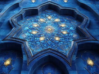 Intricate Blue Mosaic Star Pattern with Glowing Lights: Detailed Symmetrical Design