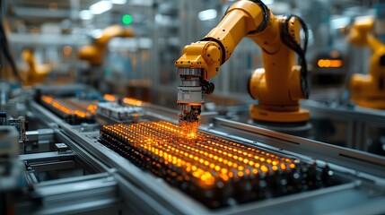 A robotic arm assembling electronics in an advanced manufacturing facility