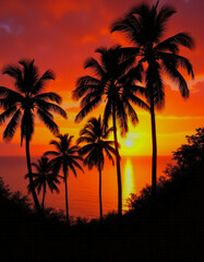 A vivid tropical sunset with silhouetted palm trees outlining the horizon, overlooking a tranquil ocean reflecting brilliant orange and red hues