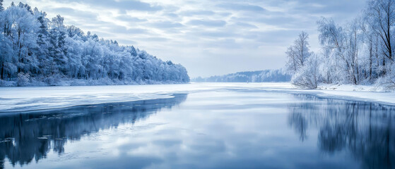 Scenic winter landscape with a frozen lake, loch, river, bay, frosty trees, and snow-covered mountains, fog. Serene, ice textures, minimalist, peaceful nature scene. Generative ai