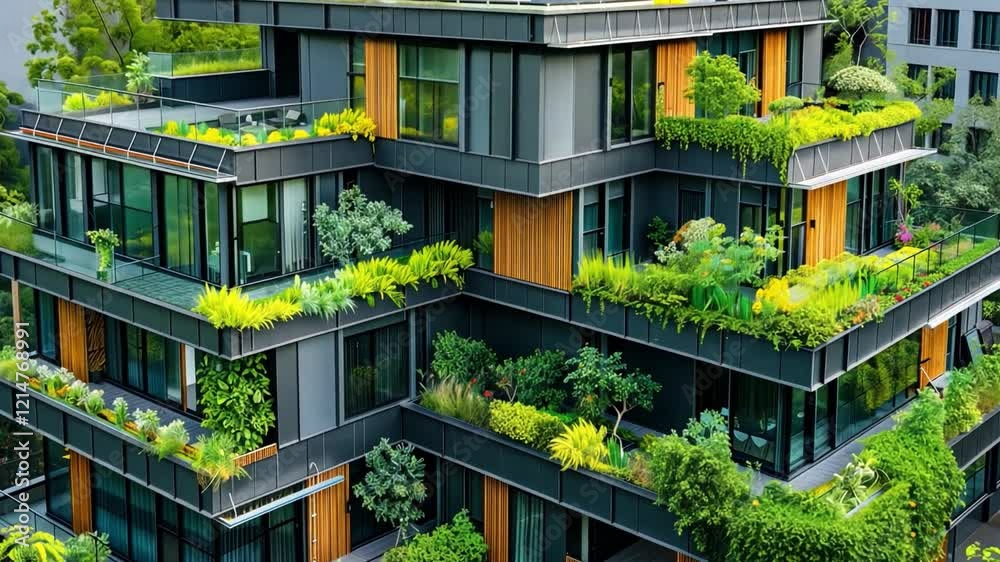 Poster this striking eco-house features multiple levels adorned with vibrant greenery. located in a bustlin