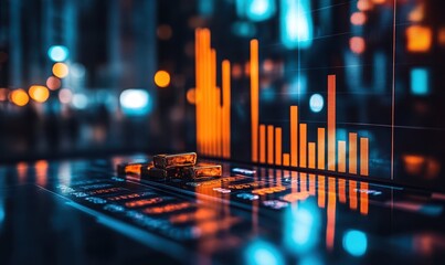capital marketing gold bars on table with banking chart exchange invest value display monitor, Growth gold bar financial investment stock diagram