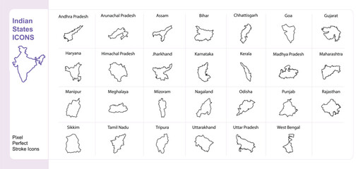Indian States icons set single stroke vector collection color changeable pixel perfect icons