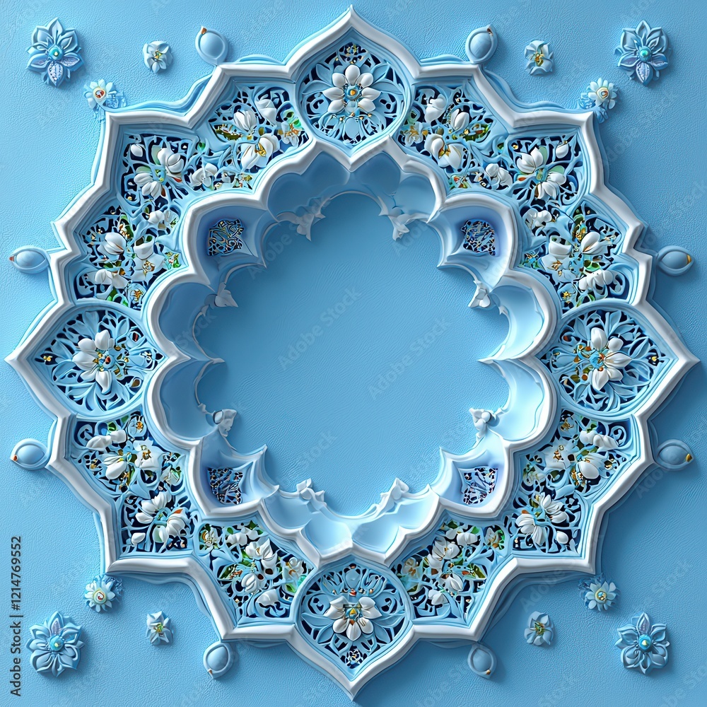 Fototapete intricate circular floral and geometric pattern in blue and white 3d rendering