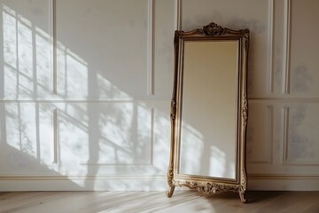 An antique mirror with a golden colored frame standing up against a white wall, sunlight shining in