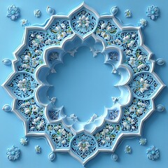 Intricate Circular Floral and Geometric Pattern in Blue and White 3D Rendering