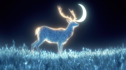 A radiant glowing deer composed of translucent polygons standing in a luminous field of crystalline grass beneath a pale glowing crescent moon.