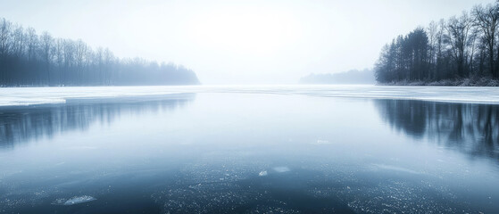A serene winter landscape featuring a frozen lake, ice surrounded by frosted trees and bushes. Snowy, fog peaceful atmosphere, scenic nature background. Generative ai