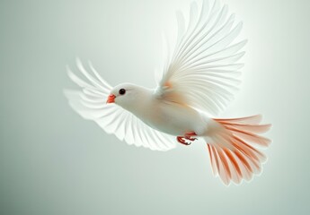 Obraz premium Elegant White Bird with Orange Tail Flying Gracefully Against a Soft Light Background, Symbolizing Freedom and Serenity in Nature’s Beauty