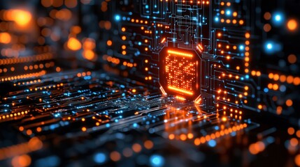 Glowing Microprocessor Unit in Intricate Circuitry: A Futuristic Technological Abstract