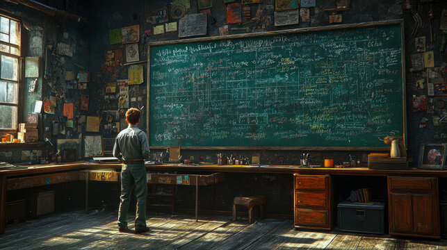 A boy gazes at a chalkboard filled with equations in a sunlit, cluttered room.