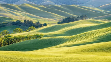 Obraz premium A bright, green field with vibrant trees along the edges, set against a backdrop of rolling hills.