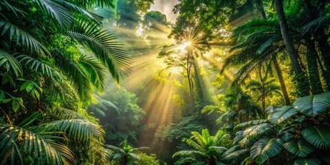 Vintage Jungle Canopy Sunbeams: Lush Green Foliage Stock Photo
