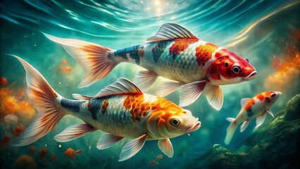 Fototapeta premium Vintage Koi Fish: Three Vibrant Swimmers in Crystal Clear Water - Stock Photo