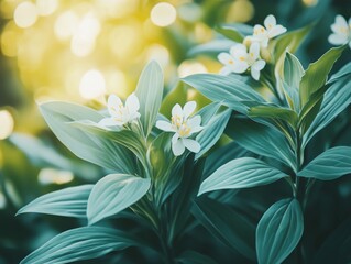 Fototapeta premium Close-up of White Flowers with Green Leaves
