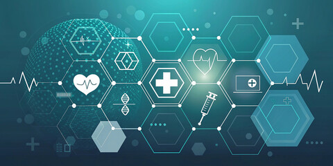 Fototapeta premium Design healthcare, science, and medicine background with hexagons. Genomics, molecular structure, chemical engineering. Concept of innovation technology.