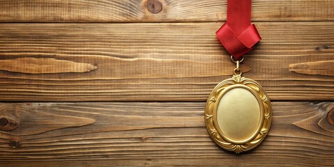 A gold badge with a ribbon attached to it hanging from a hook on a wooden background , achievement, ceremonial