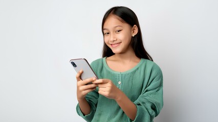 Naklejka premium A joyful girl is seen using her mobile phone with a bright smile on her face, radiating happiness and excitement. This image captures the essence of modern connectivity and youthful joy in a simple, c