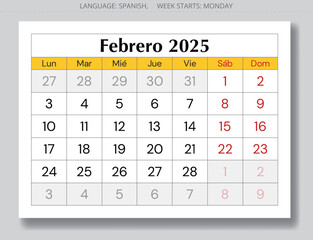 Page of 2025 Spanish february calendar - month febrero. Vector illustrations winter month for Spain