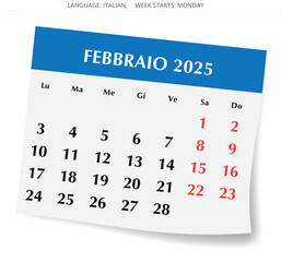Calendar for february 2025 - febbraio. Italy, Italian. Vector illustration in the form of page of paper with a shadow