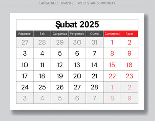 Page with shadow of Turkish calendar for february 2025. Vector illustration for winter month Turkey