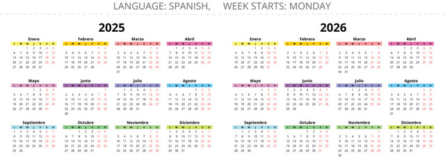 2025, 2026 spanish year color calendars. Vector illustration for Spain
